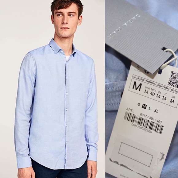 Zara Man NWT Denim Blue Button Up with Patterned Elbow Patch Top Medium - Picture 1 of 10